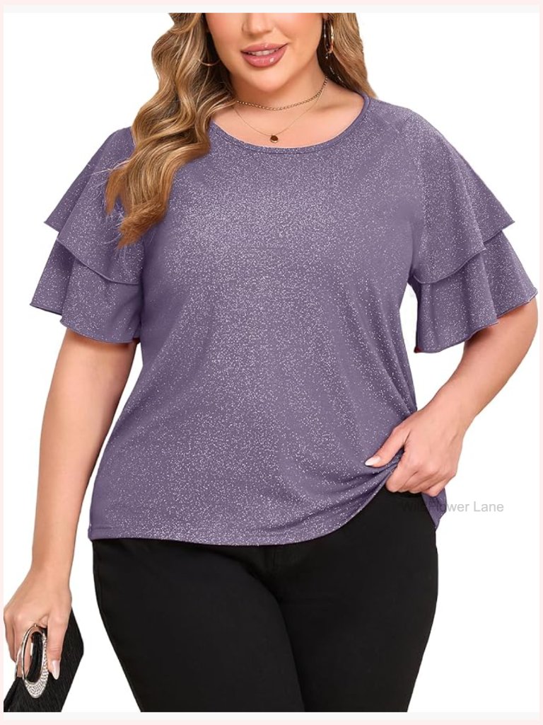 Plus Size Sparkly Blouse With Ruffle Sleeves Dressy Party Top